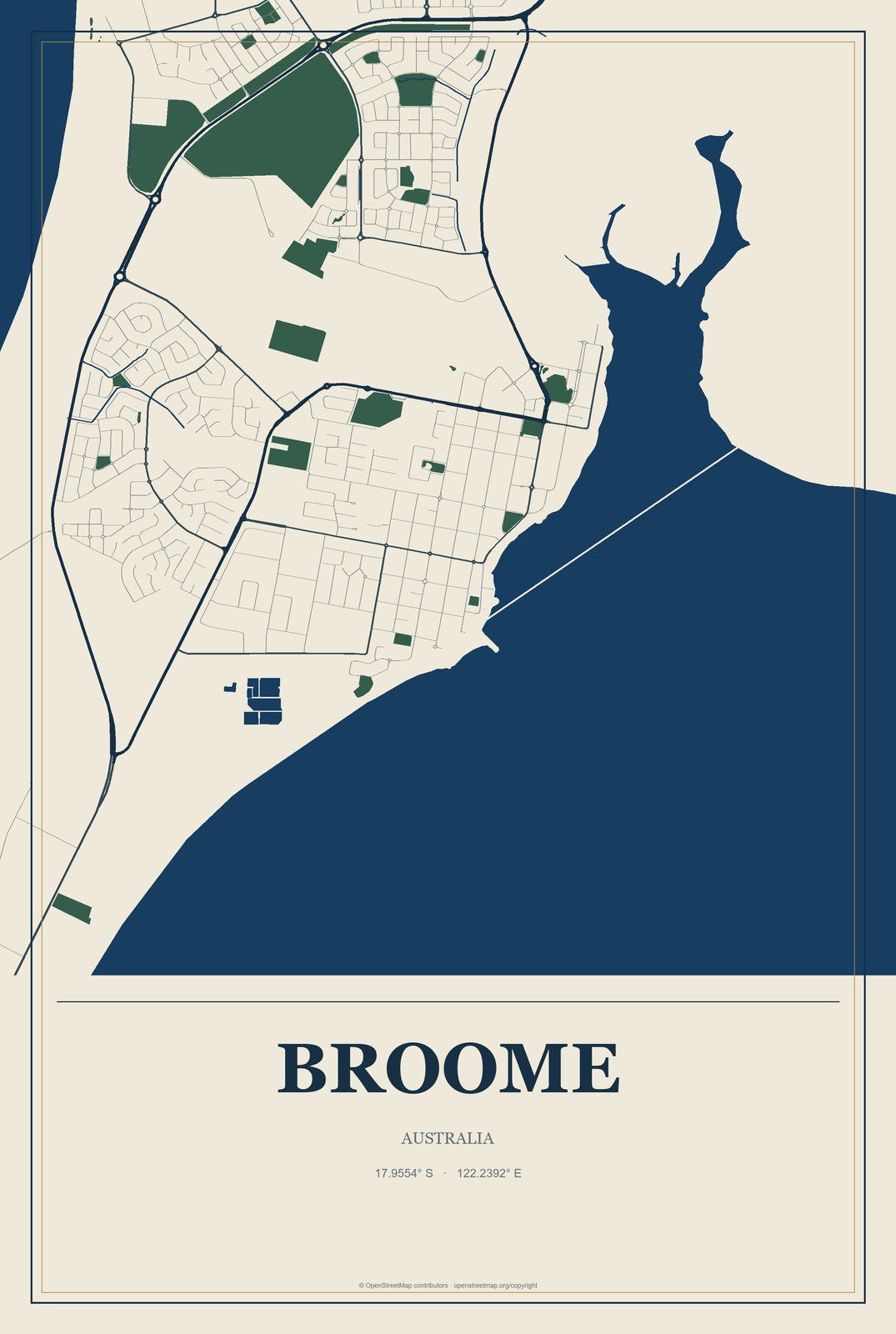 Broome, Australia City Map Aluminum Sign in Coastal Cutout style