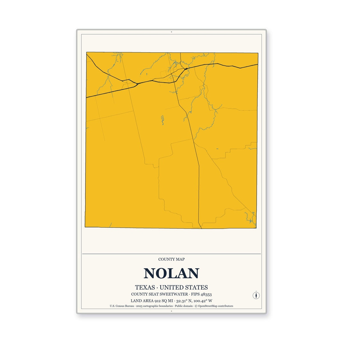 Nolan County, Texas Map Aluminum Sign in Citrine Modern style