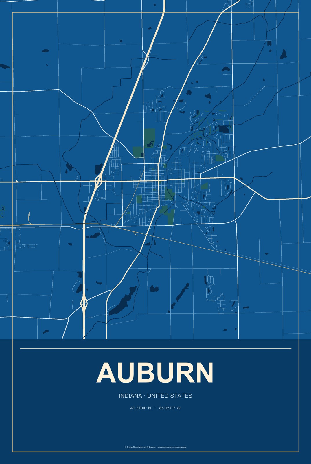 Auburn, Indiana City Map Aluminum Sign in Harbor Cobalt style