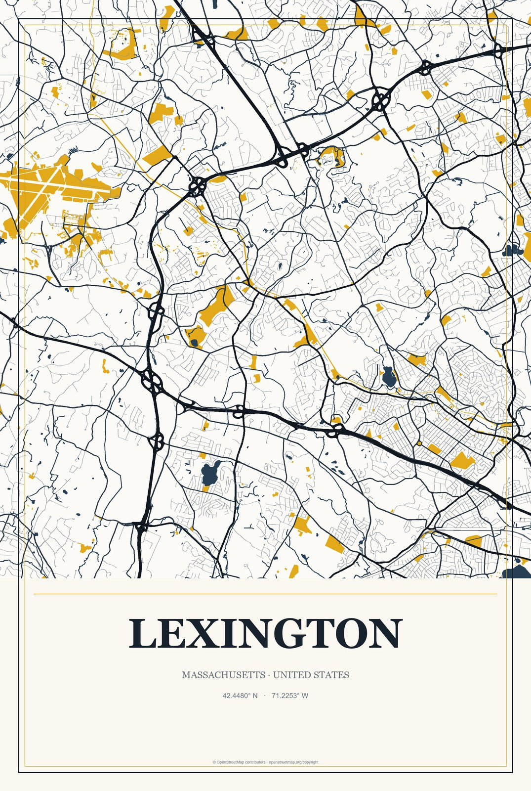 Lexington, Massachusetts City Map Aluminum Sign in Citrine Modern style