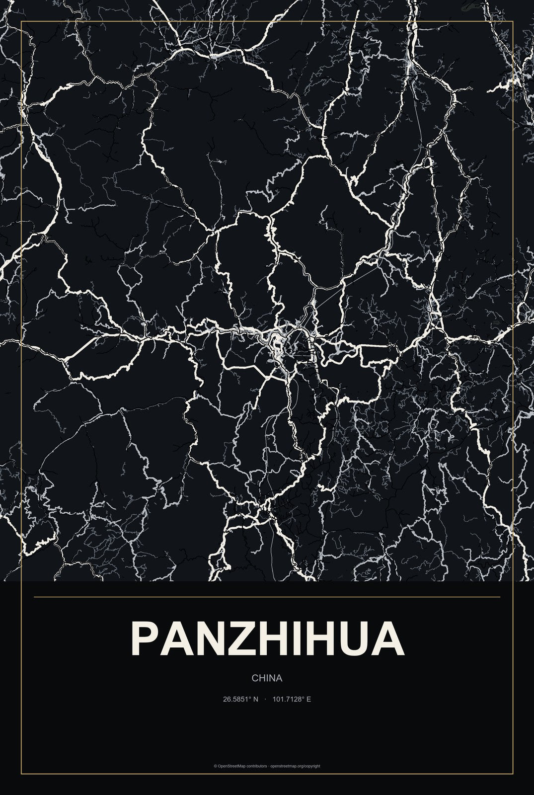 Panzhihua, China City Map Aluminum Sign in Metropolitan Noir style