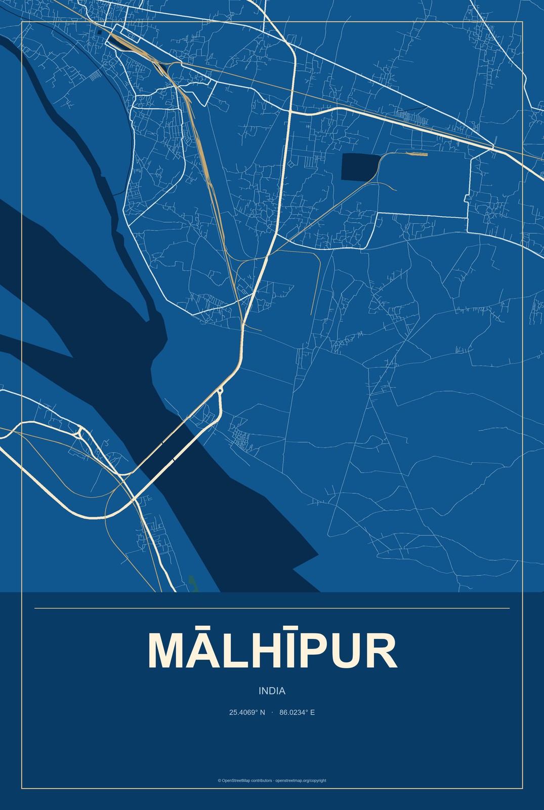Mālhīpur, India City Map Aluminum Sign in Harbor Cobalt style