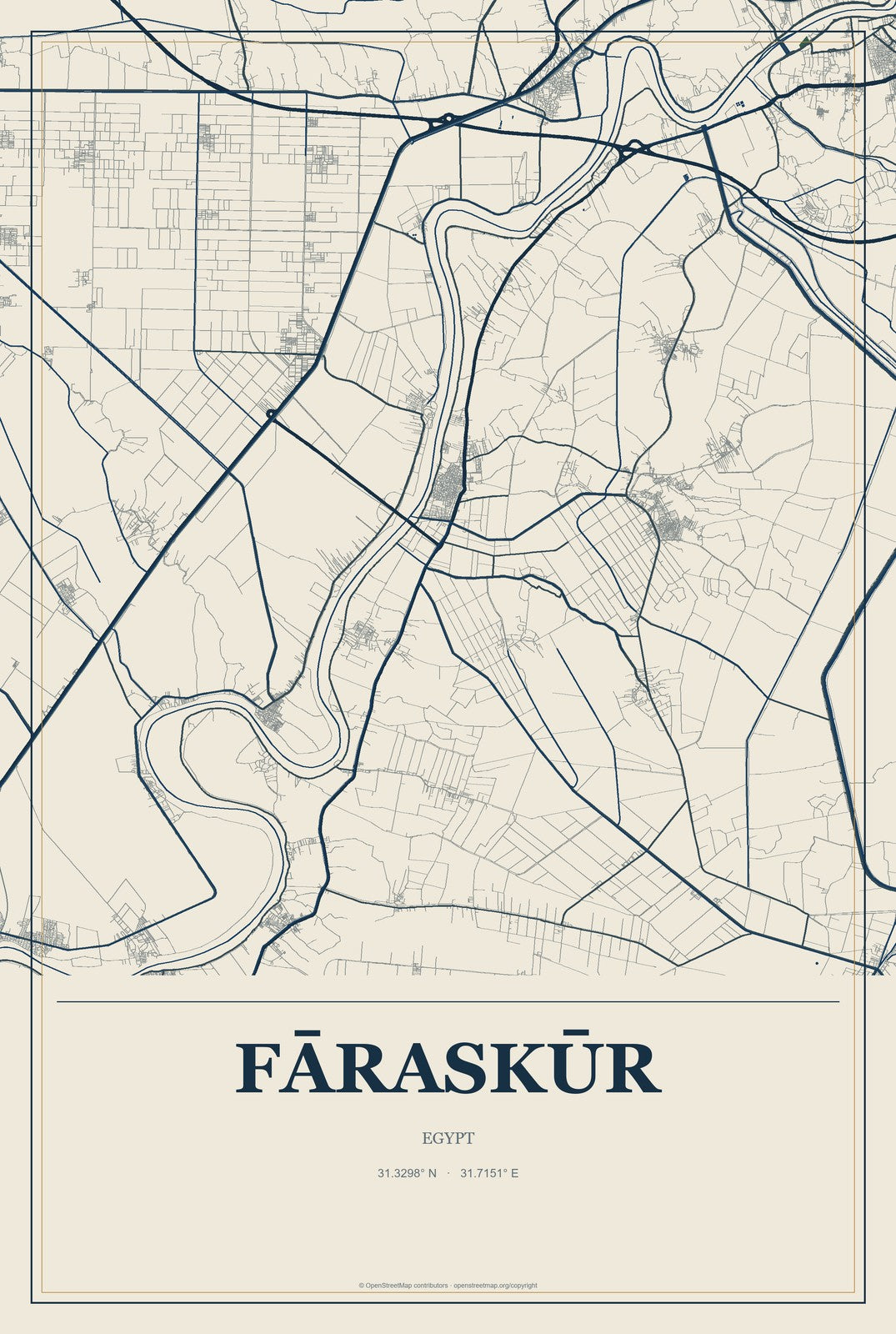 Fāraskūr, Egypt City Map Aluminum Sign in Coastal Cutout style
