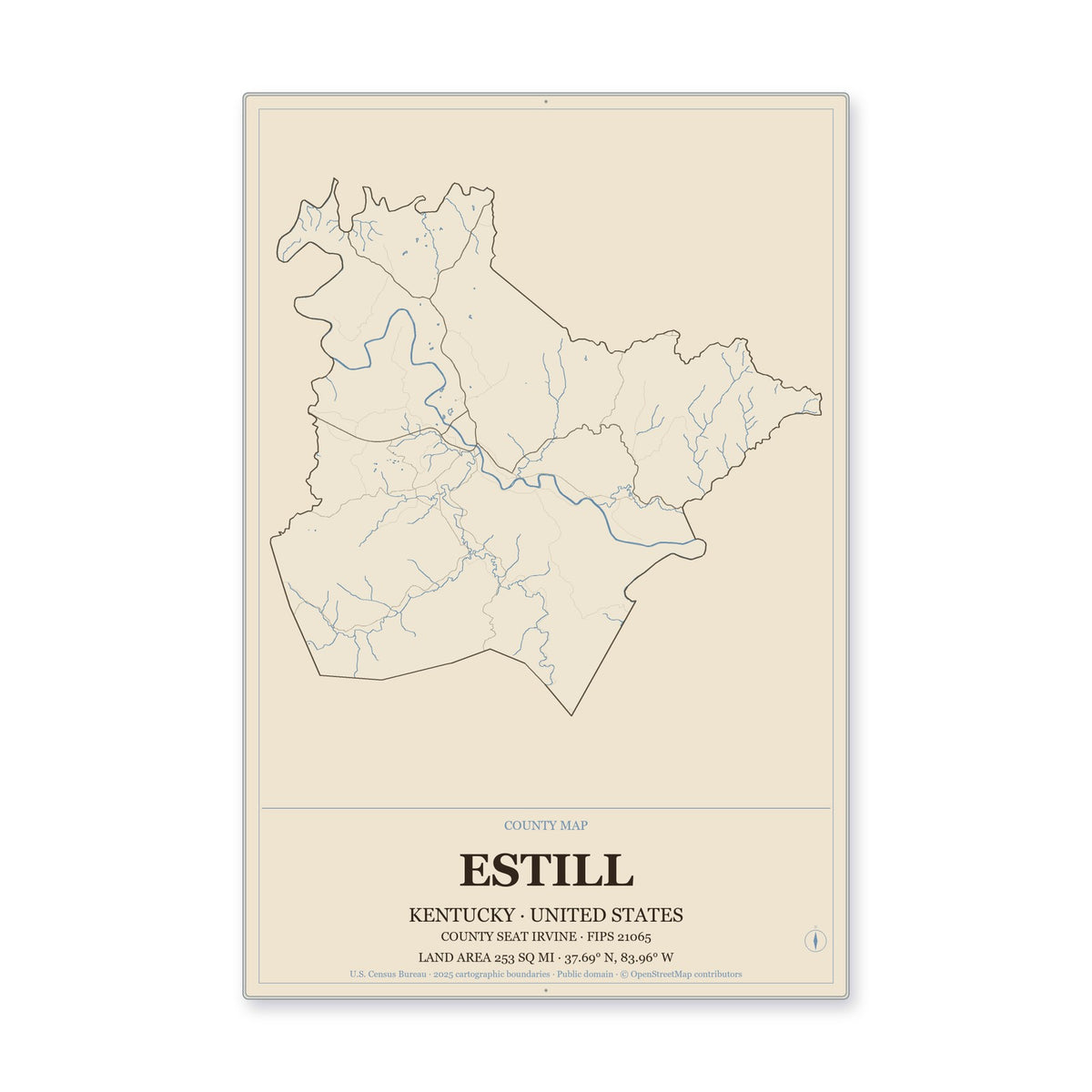 Estill County, Kentucky Map Aluminum Sign in Heritage Nautical style