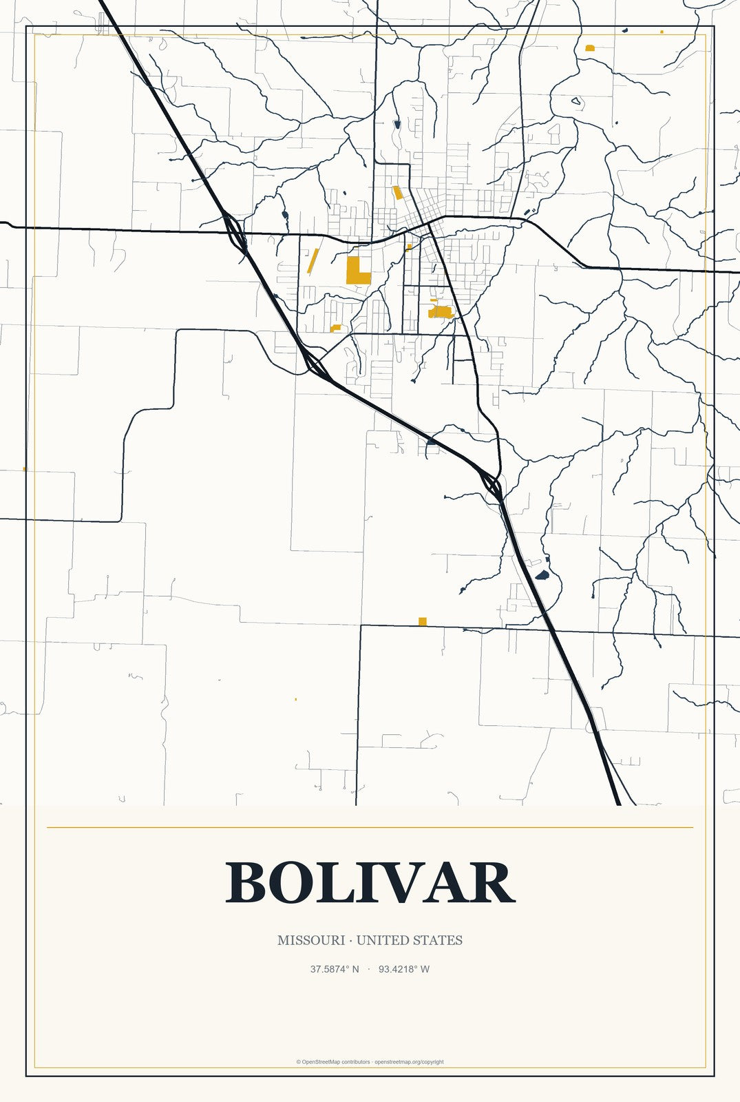 Bolivar, Missouri City Map Aluminum Sign in Citrine Modern style