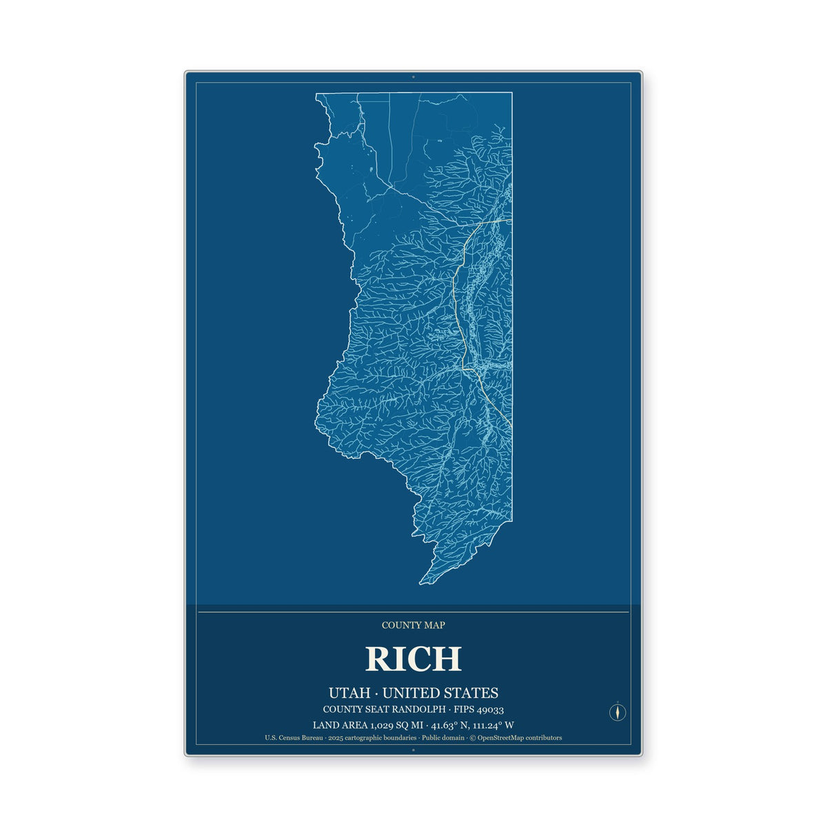 Rich County, Utah Map Aluminum Sign in Harbor Cobalt style