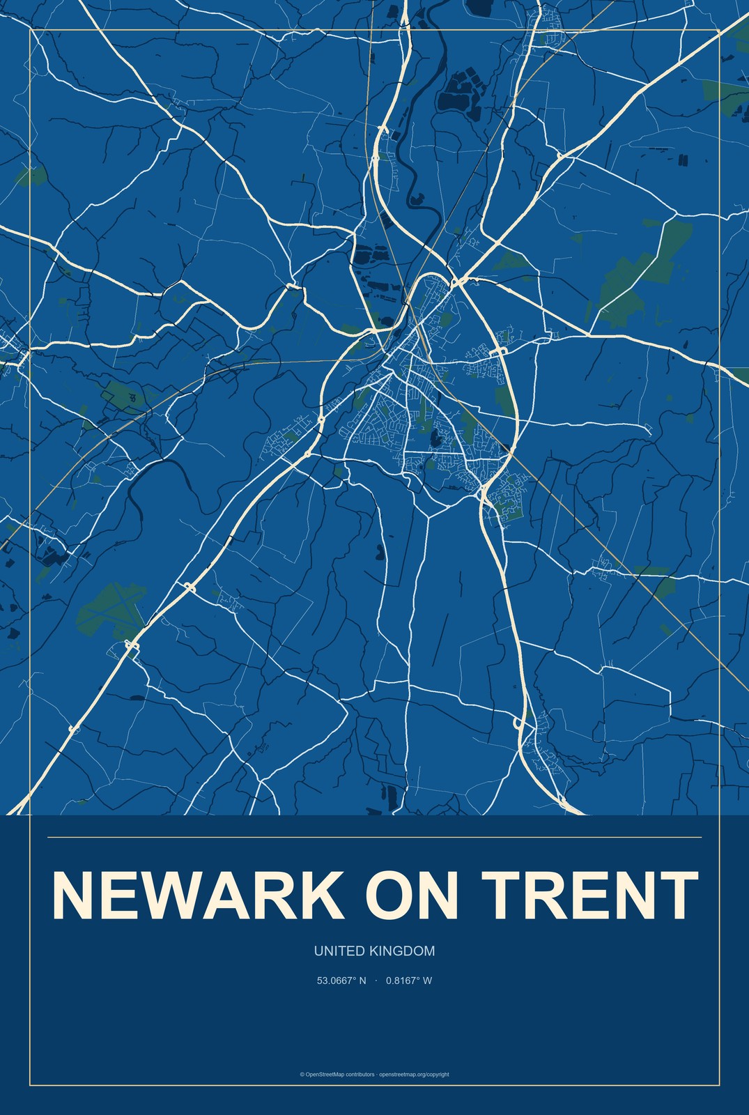 Newark on Trent, United Kingdom City Map Aluminum Sign in Harbor Cobalt style
