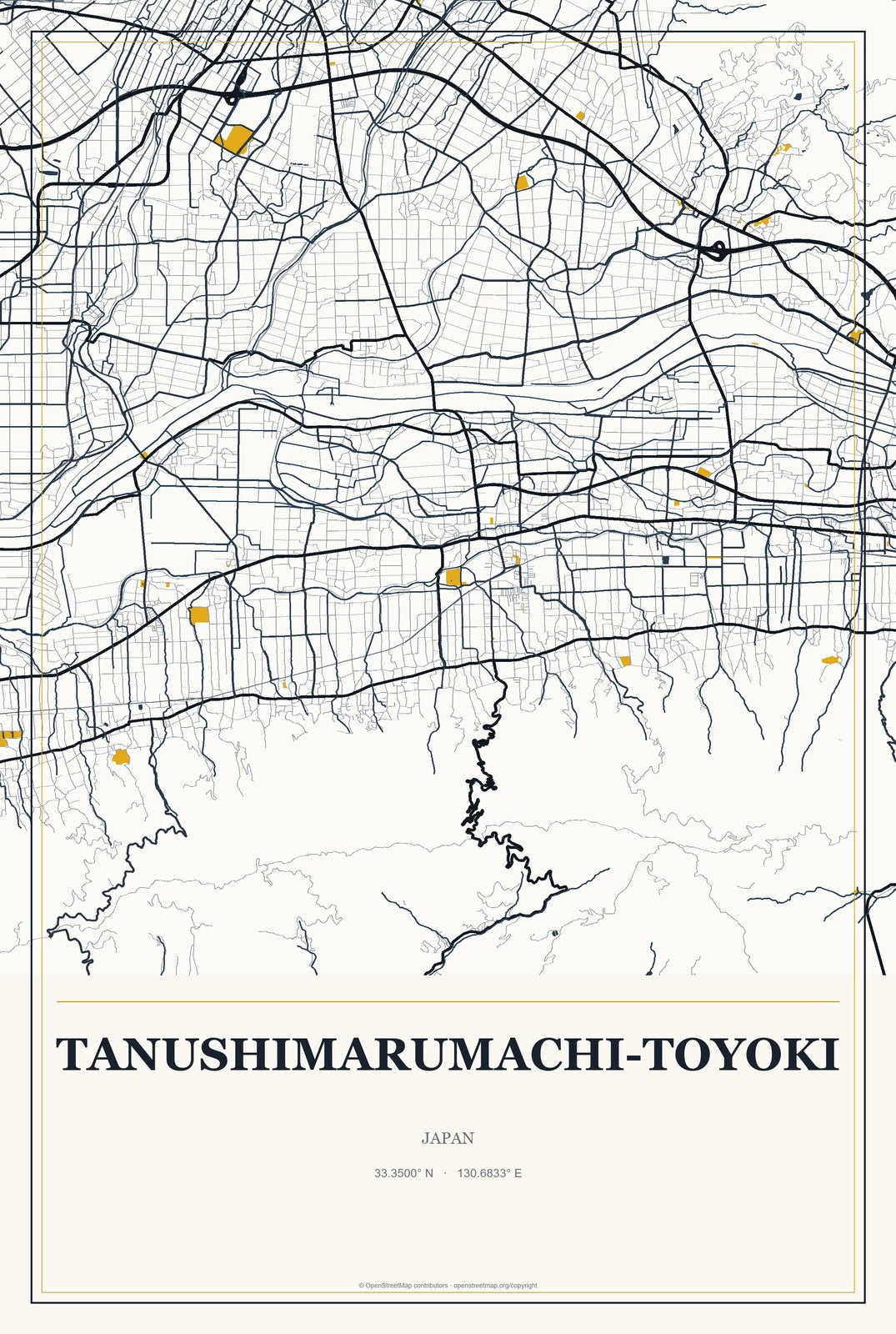 Tanushimarumachi-toyoki, Japan City Map Aluminum Sign in Citrine Modern style