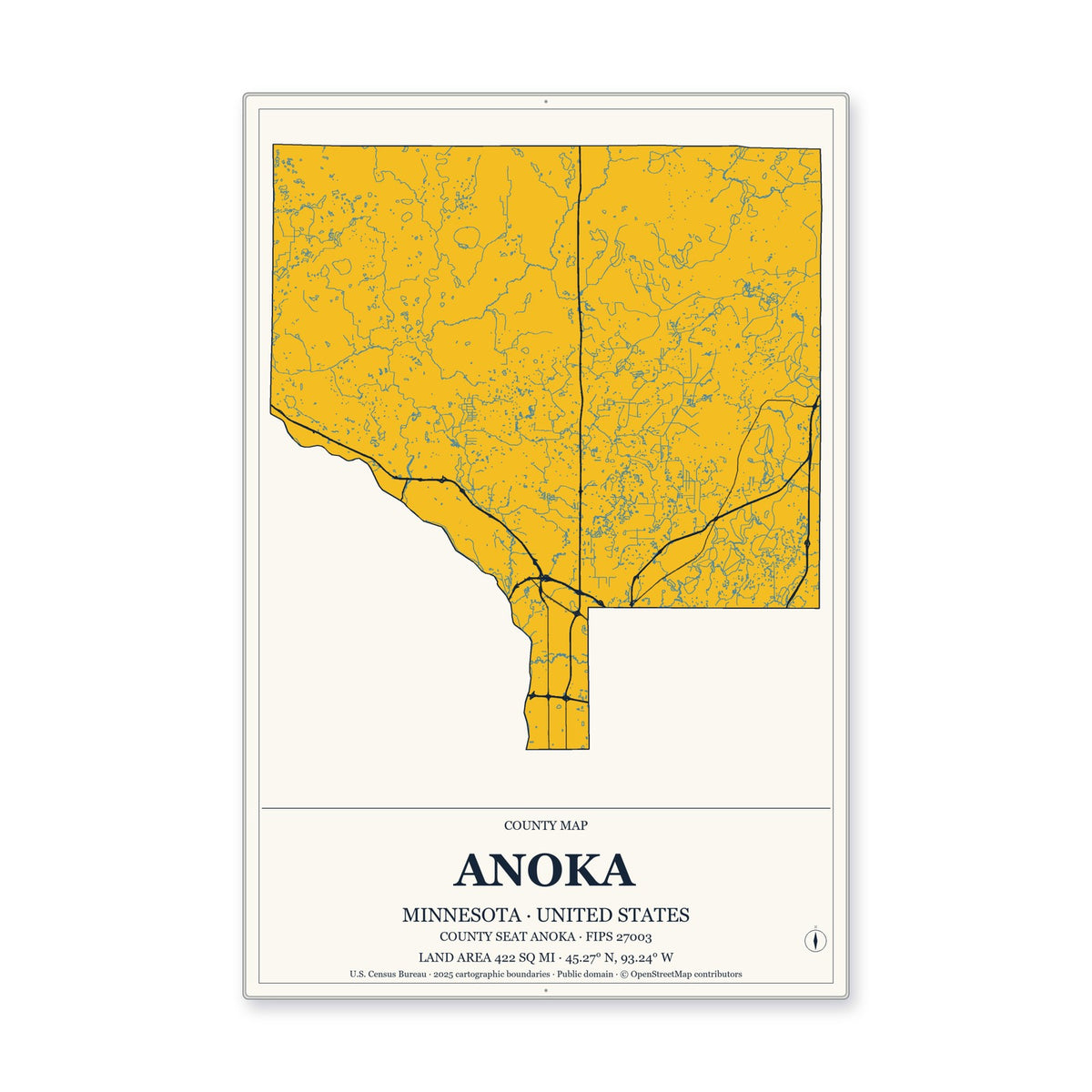 Anoka County, Minnesota Map Aluminum Sign in Citrine Modern style