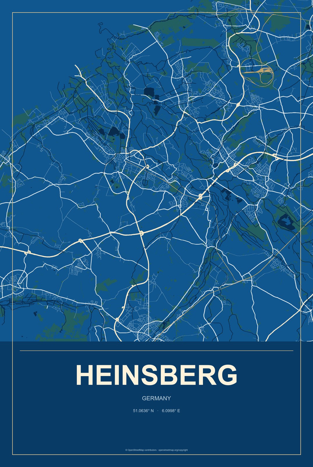 Heinsberg, Germany City Map Aluminum Sign in Harbor Cobalt style