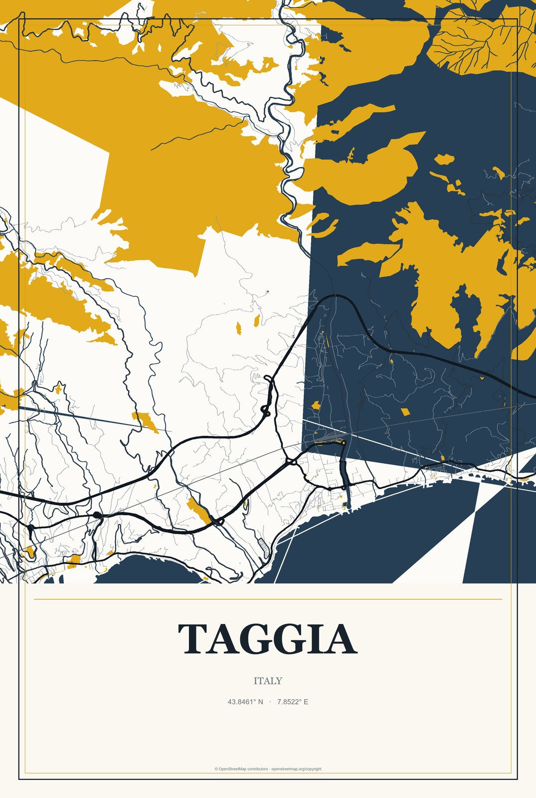 Taggia, Italy City Map Aluminum Sign in Citrine Modern style