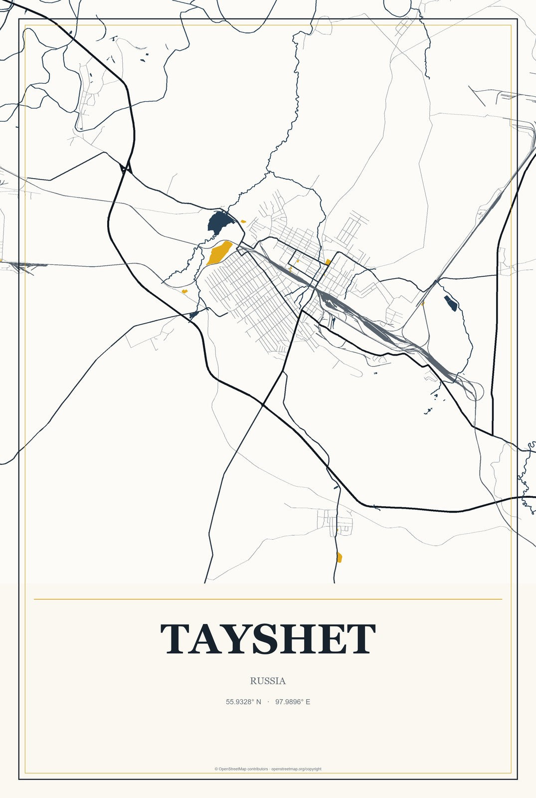 Tayshet, Russia City Map Aluminum Sign in Citrine Modern style