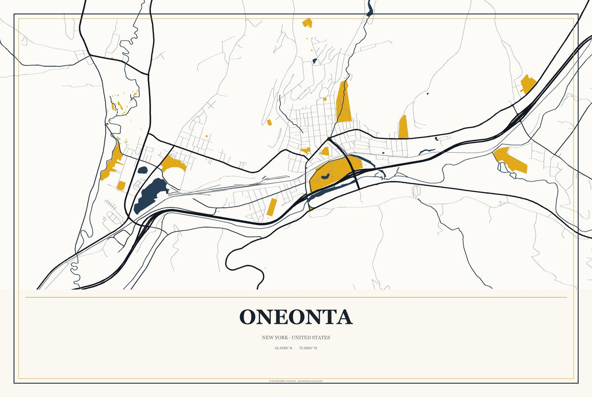 Oneonta, New York City Map Aluminum Sign in Citrine Modern style
