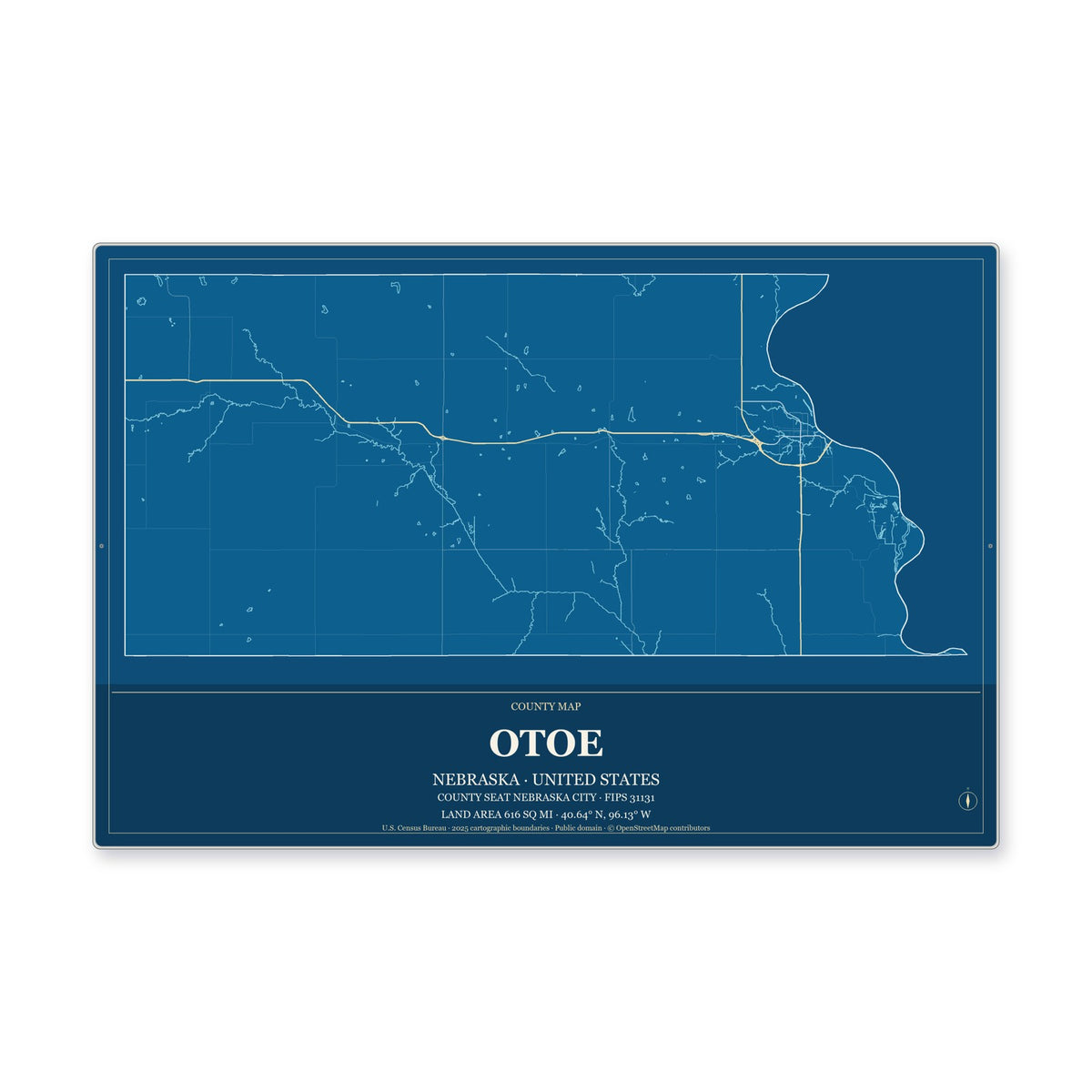 Otoe County, Nebraska Map Aluminum Sign in Harbor Cobalt style