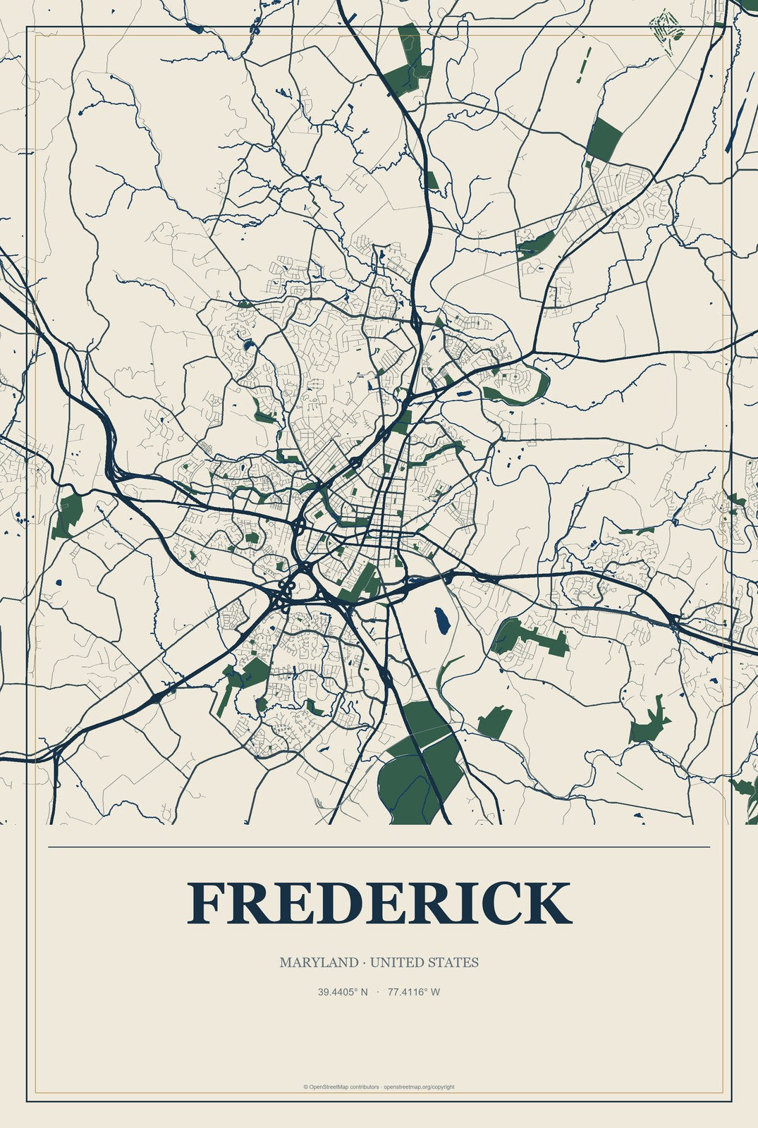 Frederick, Maryland City Map Aluminum Sign in Coastal Cutout style