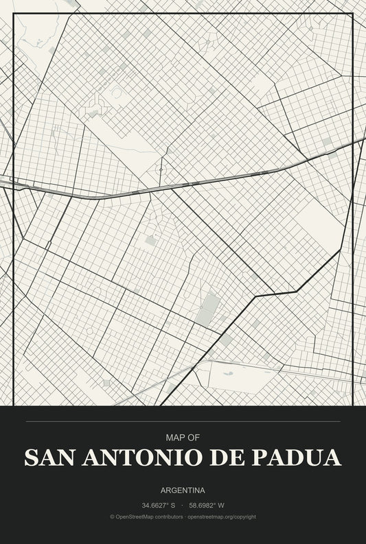 San Antonio de Padua, Argentina City Map Aluminum Sign in Museum Plaque style