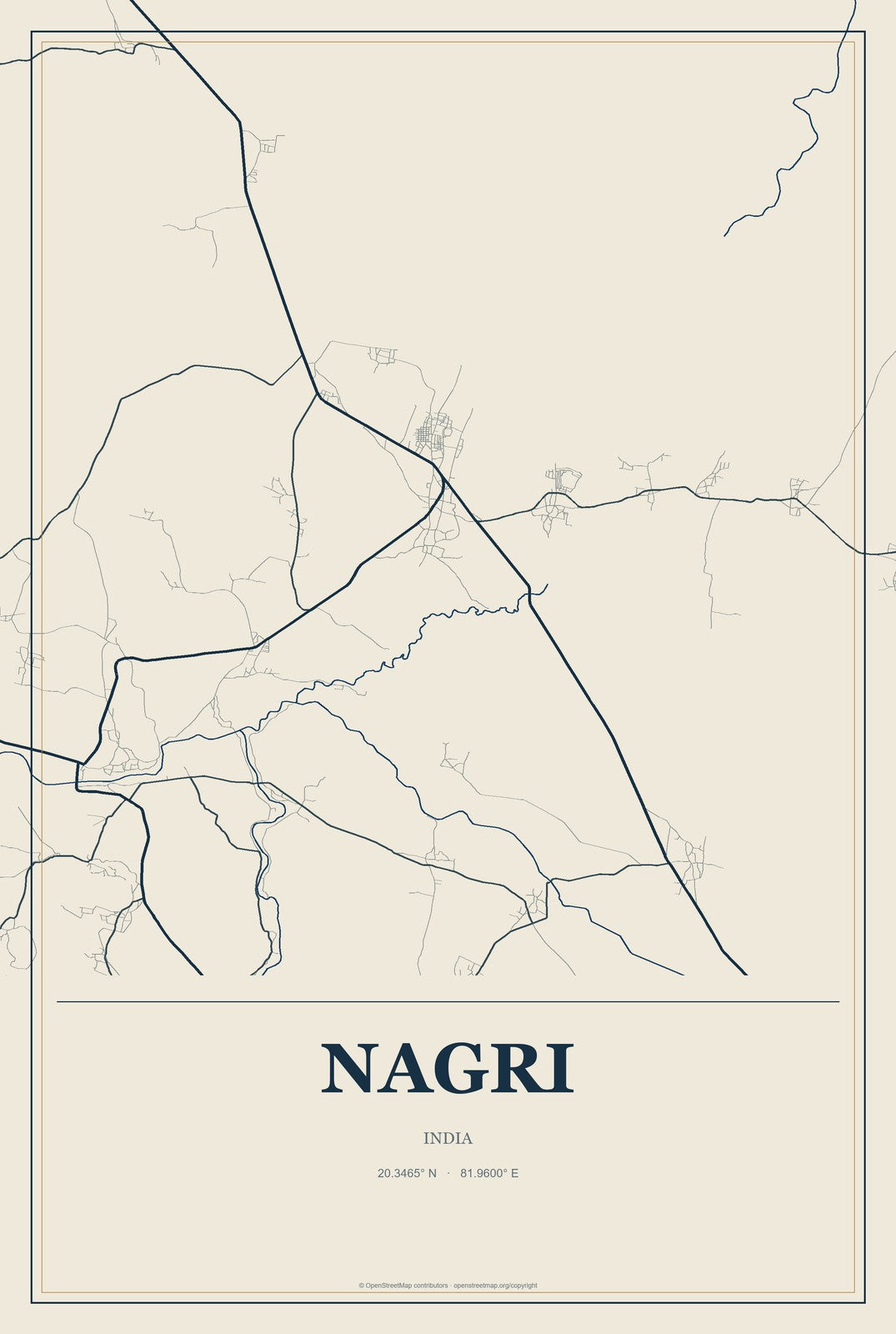 Nagri, India City Map Aluminum Sign in Coastal Cutout style