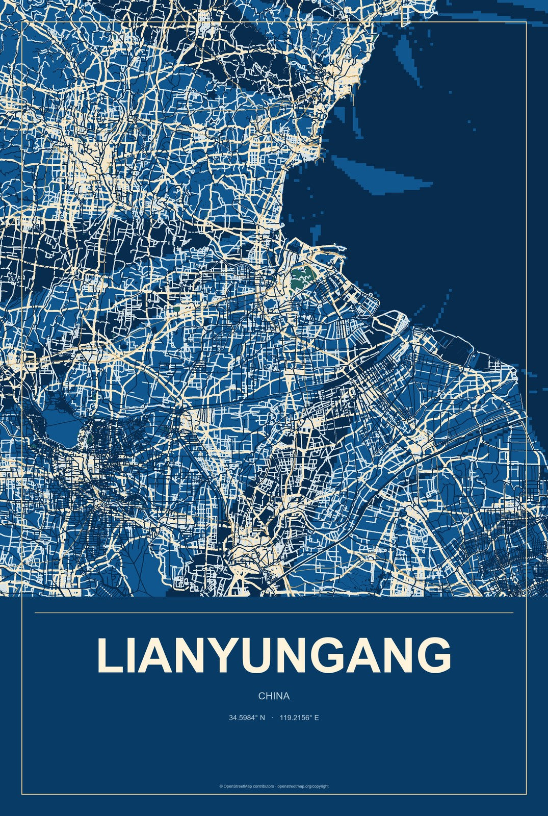 Lianyungang, China City Map Aluminum Sign in Harbor Cobalt style