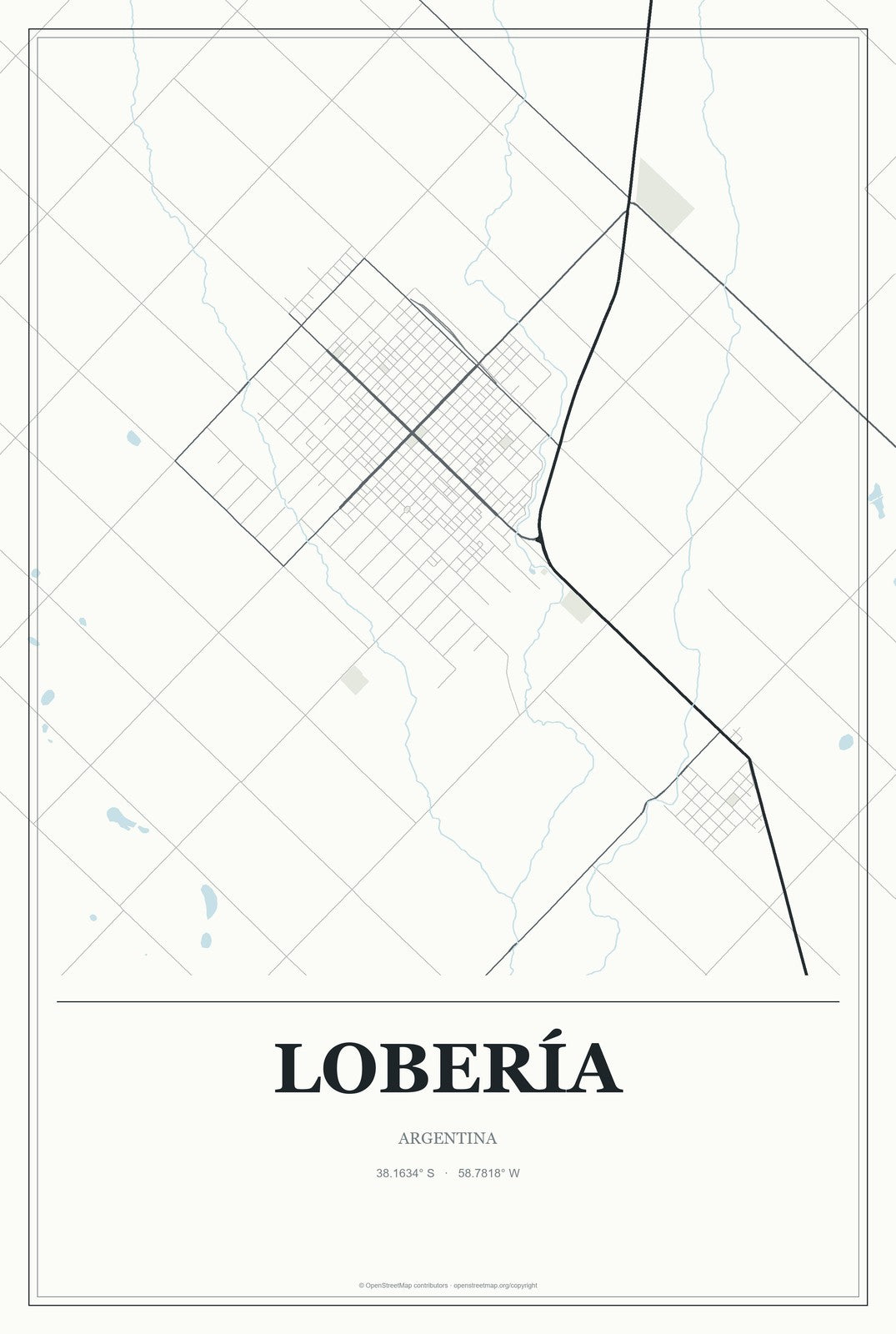 Lobería, Argentina City Map Aluminum Sign in Gallery Air style