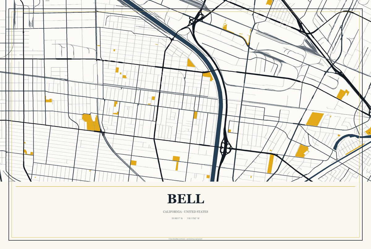 Bell, California City Map Aluminum Sign in Citrine Modern style