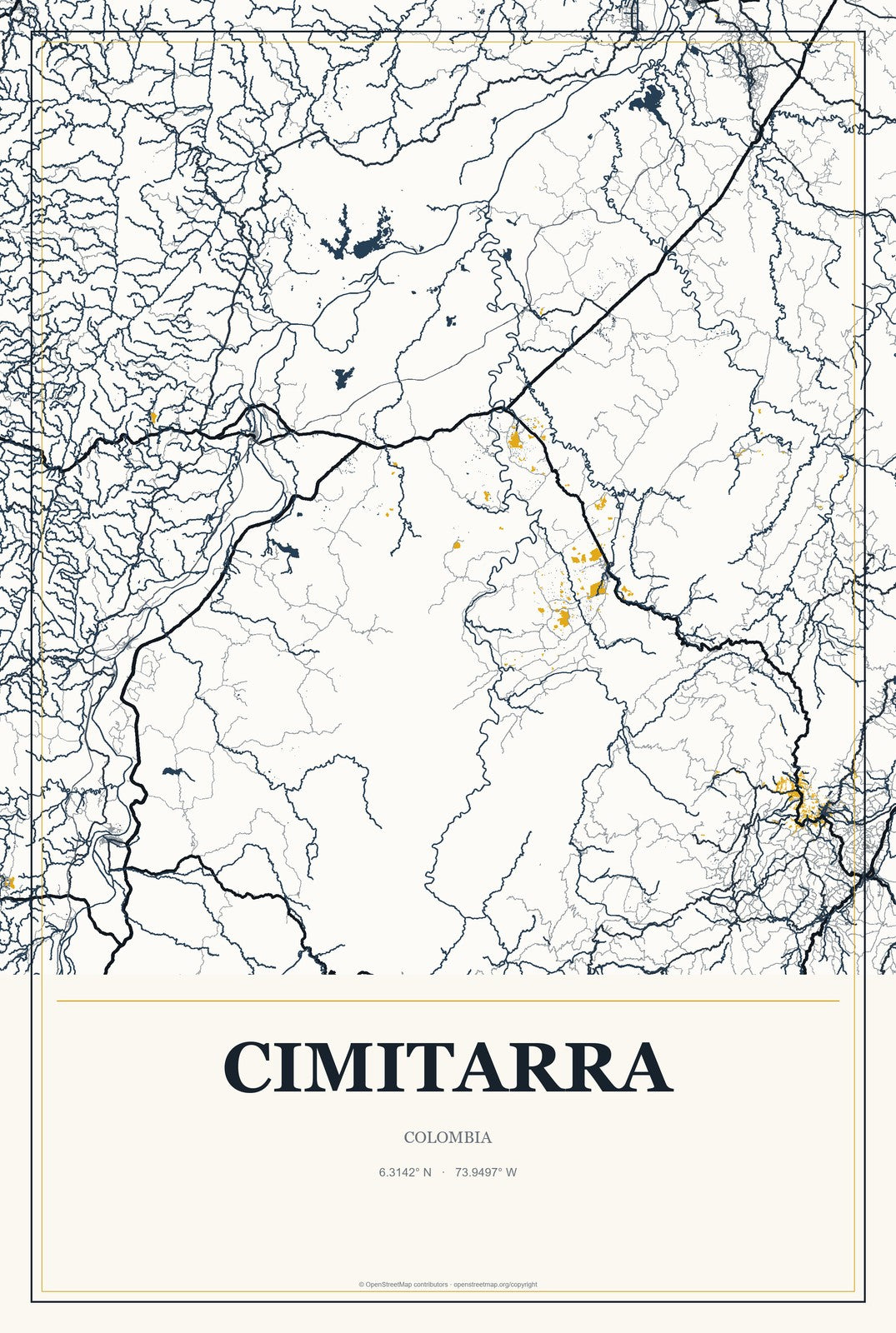Cimitarra, Colombia City Map Aluminum Sign in Citrine Modern style