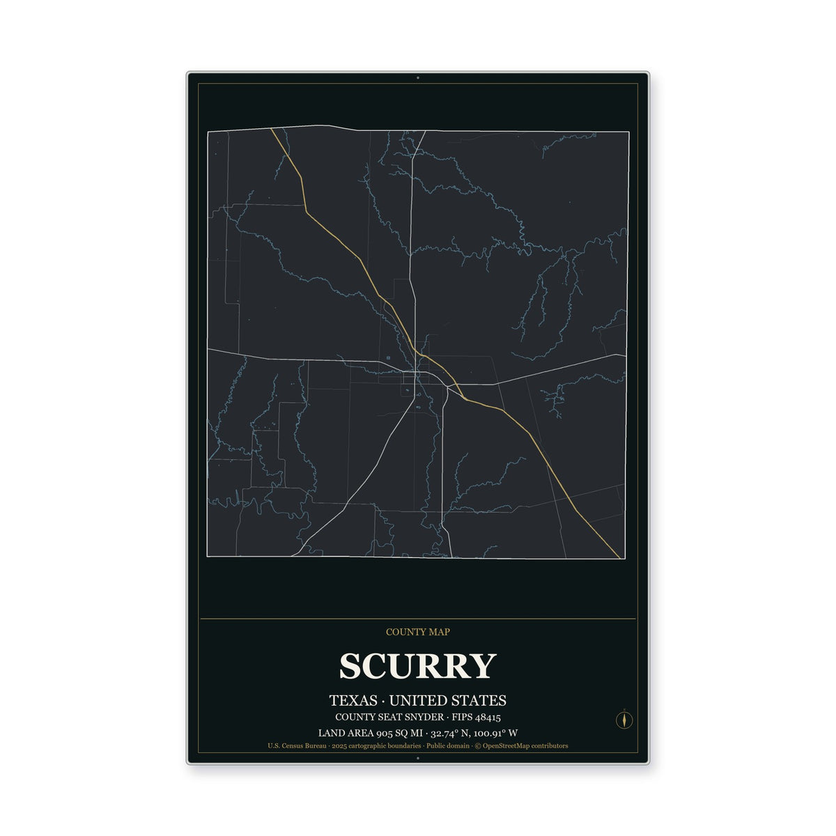 Scurry County, Texas Map Aluminum Sign in Metropolitan Noir style