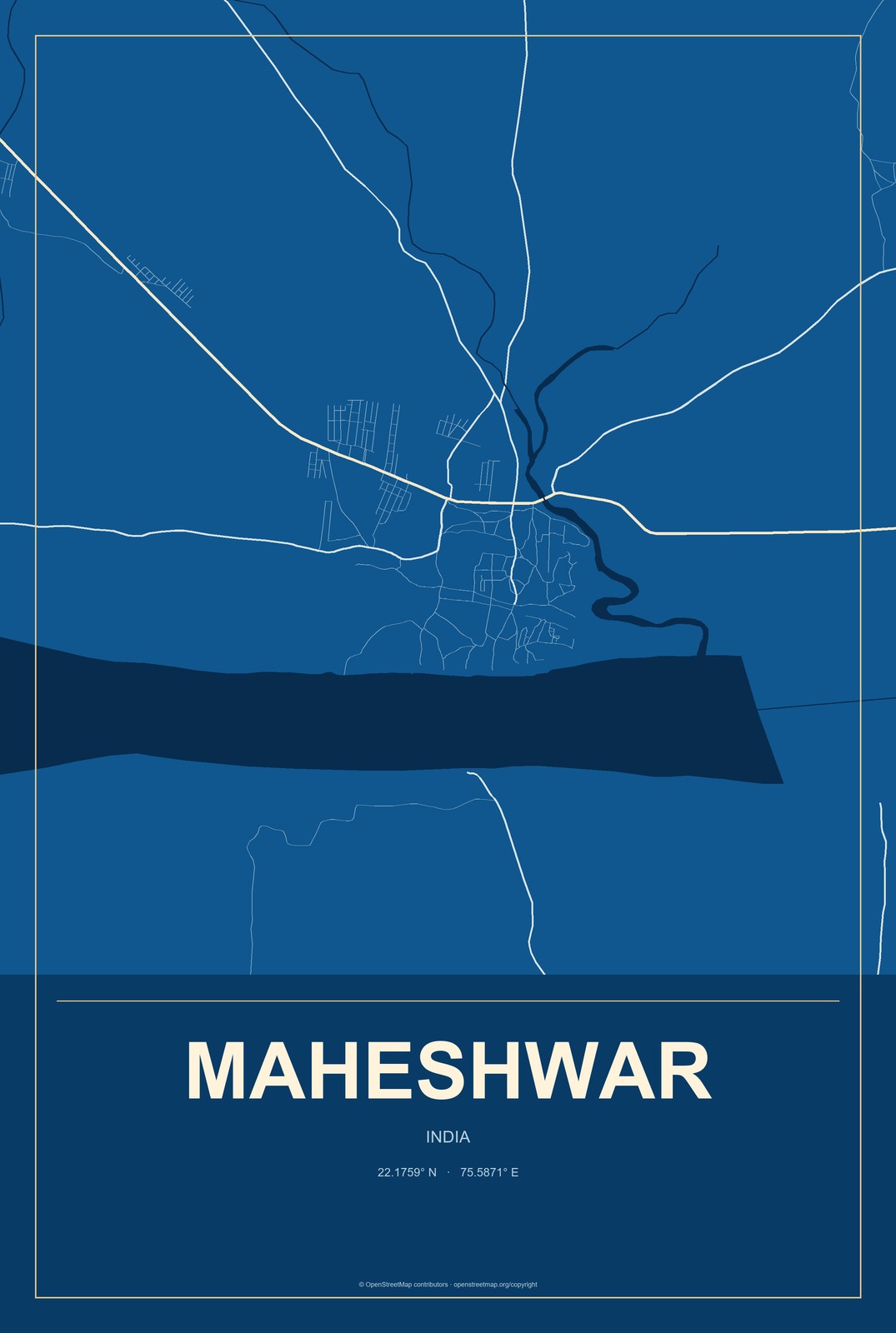 Maheshwar, India City Map Aluminum Sign in Harbor Cobalt style