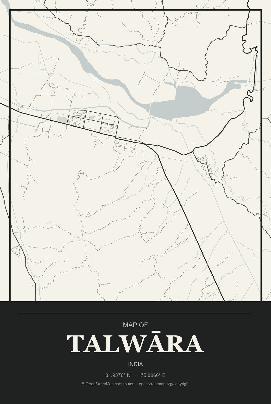 Talwāra, India City Map Aluminum Sign in Museum Plaque style