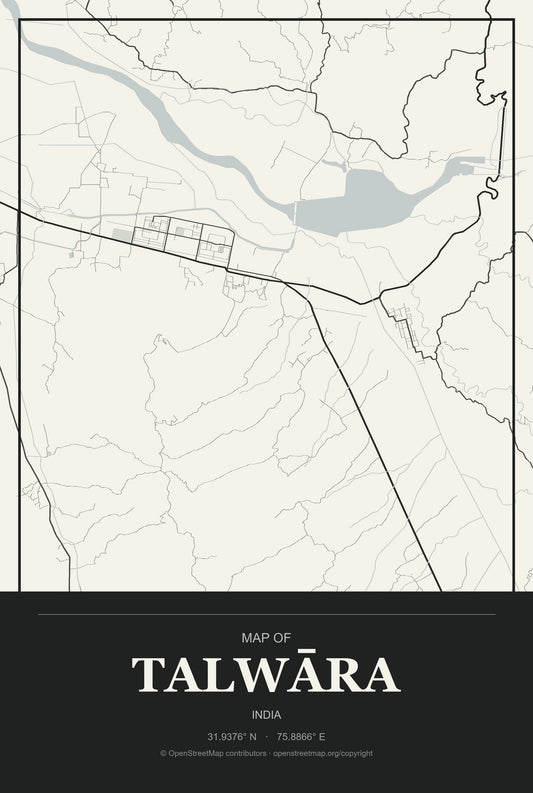 Talwāra, India City Map Aluminum Sign in Museum Plaque style