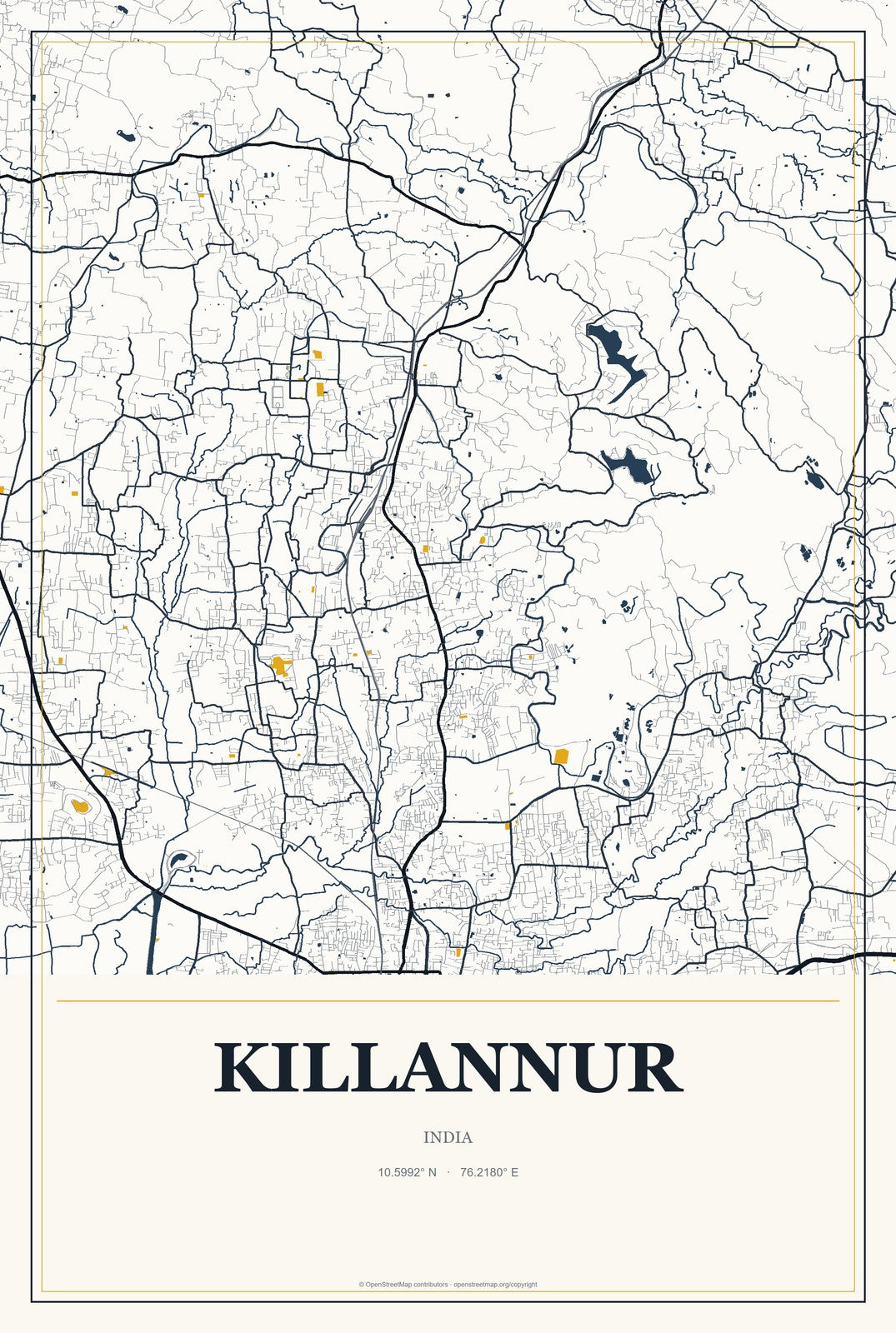 Killannur, India City Map Aluminum Sign in Citrine Modern style