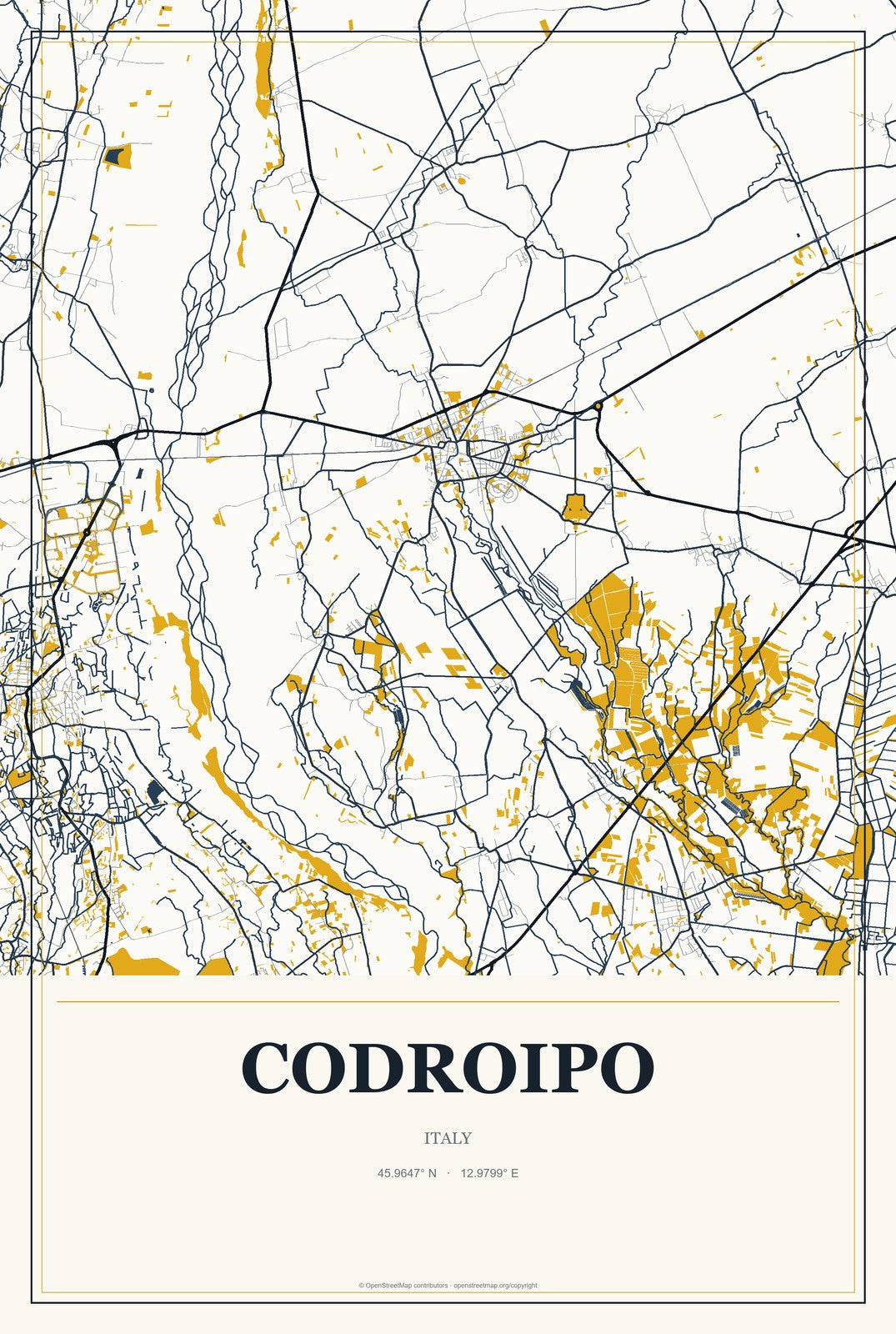Codroipo, Italy City Map Aluminum Sign in Citrine Modern style