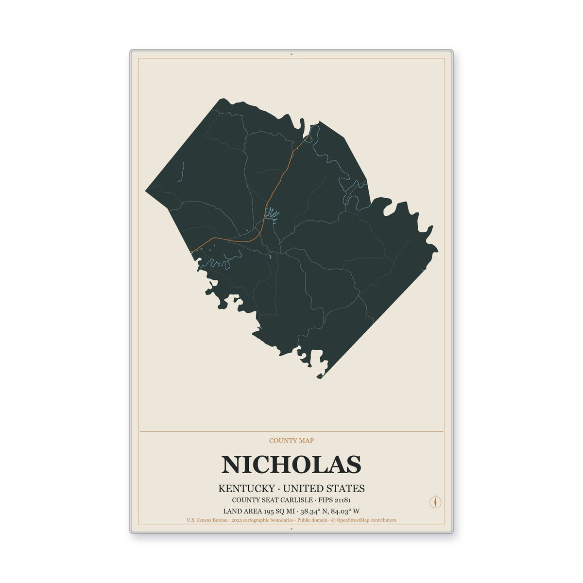 Nicholas County, Kentucky Map Aluminum Sign in Headline Atlas style