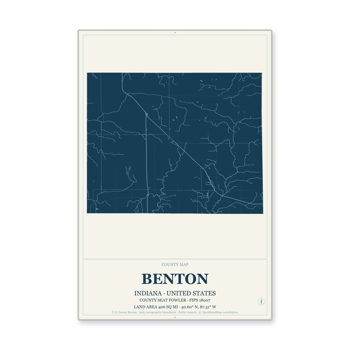 Benton County, Indiana Map Aluminum Sign in Coastal Cutout style