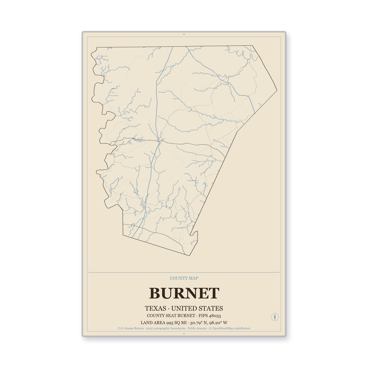 Burnet County, Texas Map Aluminum Sign in Heritage Nautical style