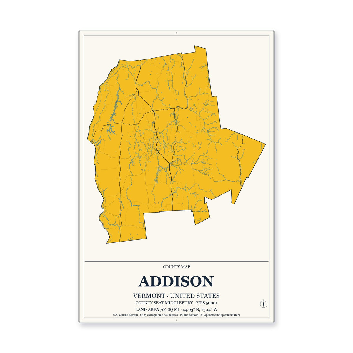 Addison County, Vermont Map Aluminum Sign in Citrine Modern style