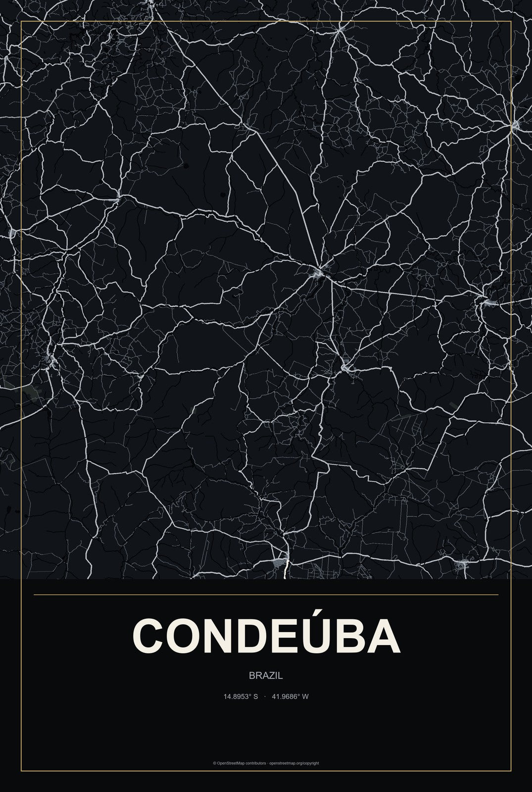 Condeúba, Brazil City Map Aluminum Sign in Metropolitan Noir style
