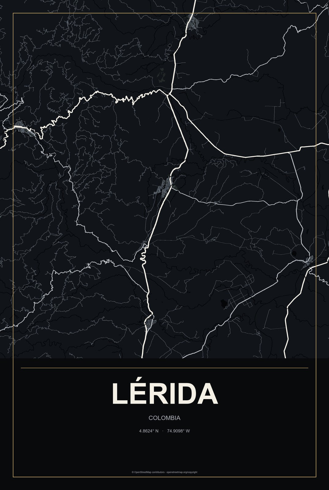 Lérida, Colombia City Map Aluminum Sign in Metropolitan Noir style