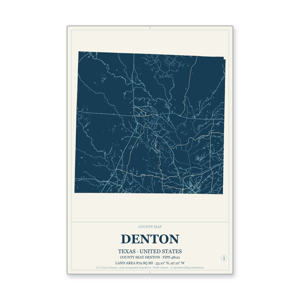 Denton County, Texas Map Aluminum Sign in Coastal Cutout style