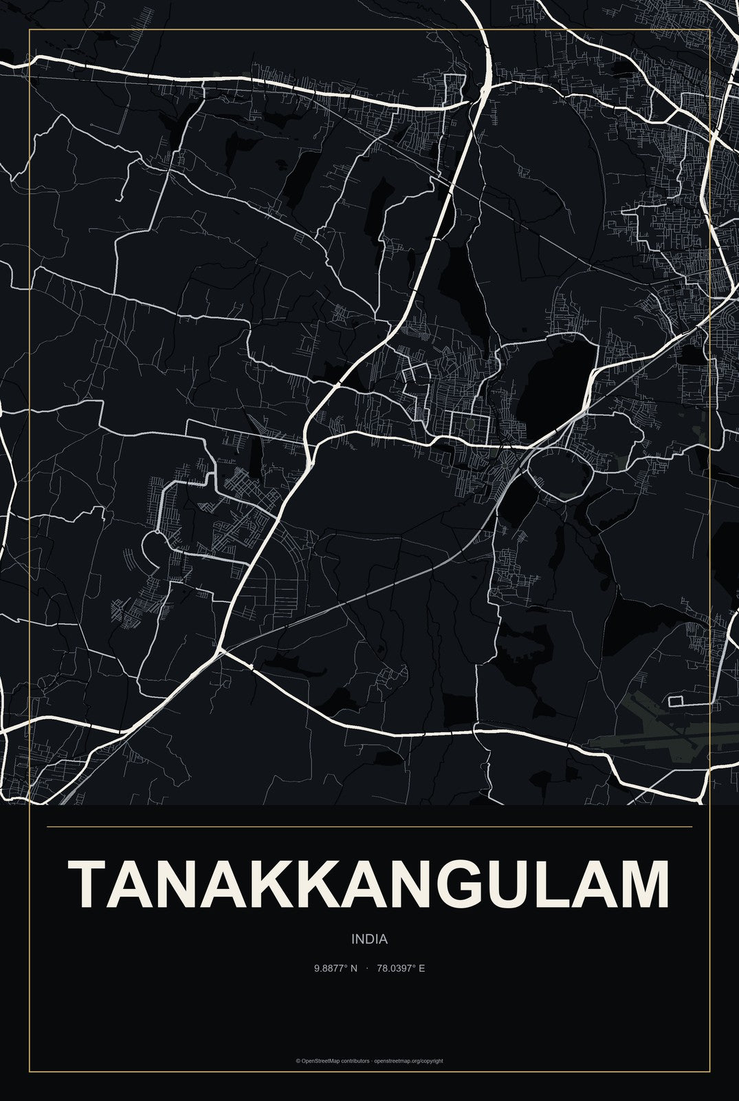 Tanakkangulam, India City Map Aluminum Sign in Metropolitan Noir style