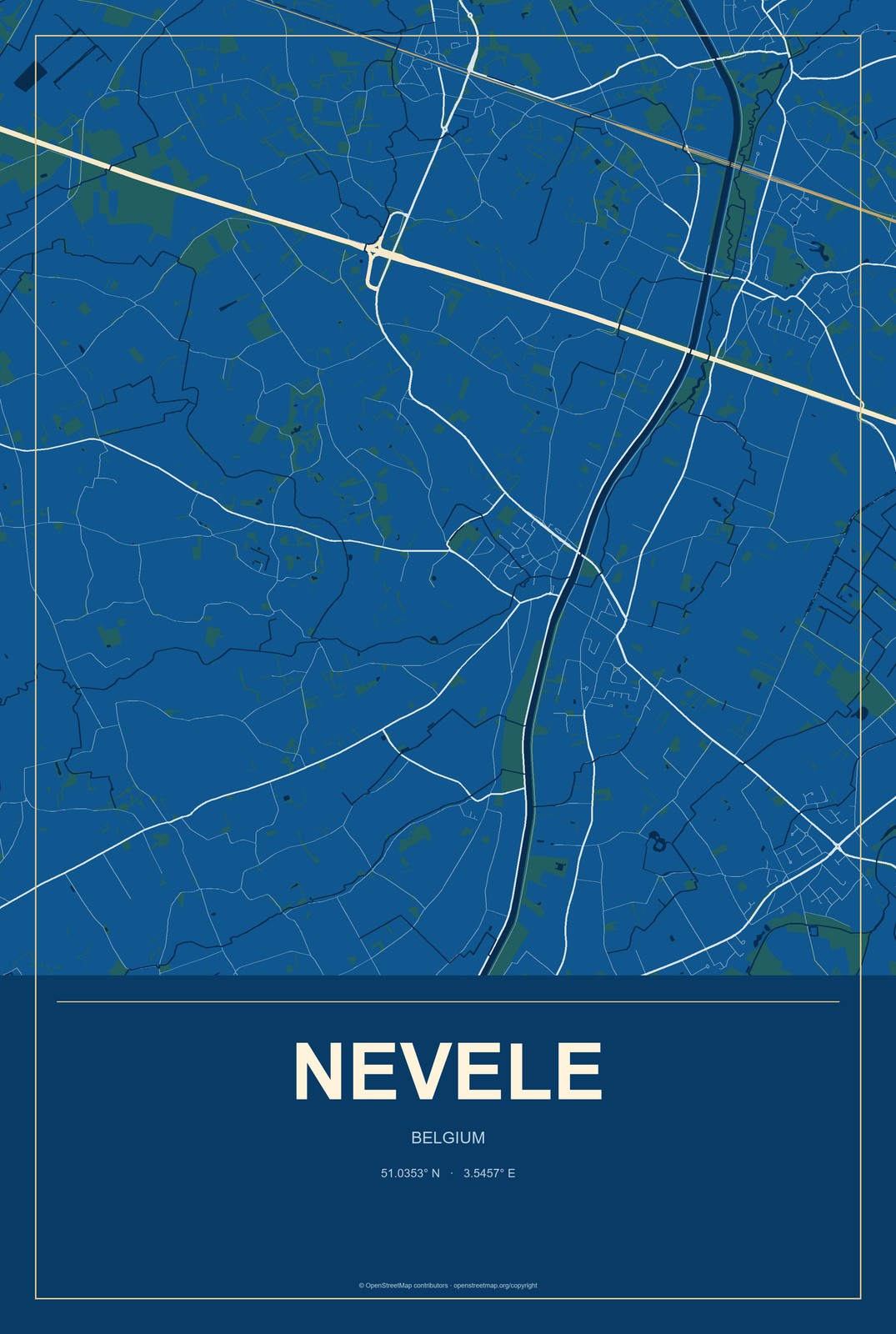 Nevele, Belgium City Map Aluminum Sign in Harbor Cobalt style
