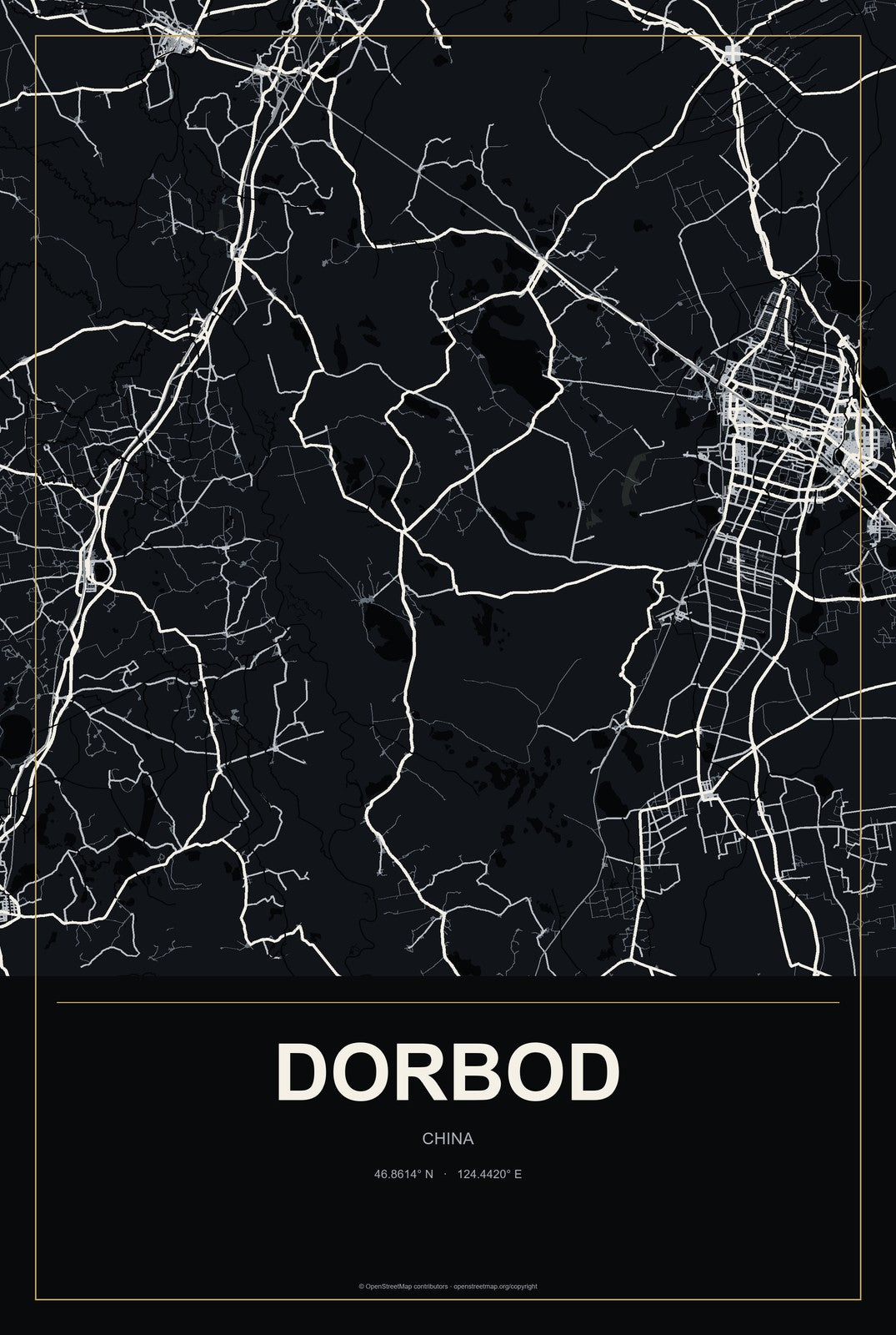 Dorbod, China City Map Aluminum Sign in Metropolitan Noir style