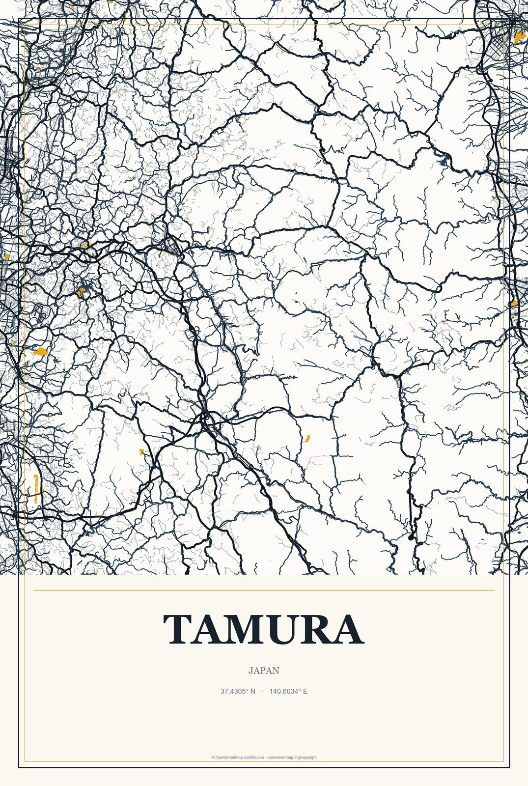 Tamura, Japan City Map Aluminum Sign in Citrine Modern style