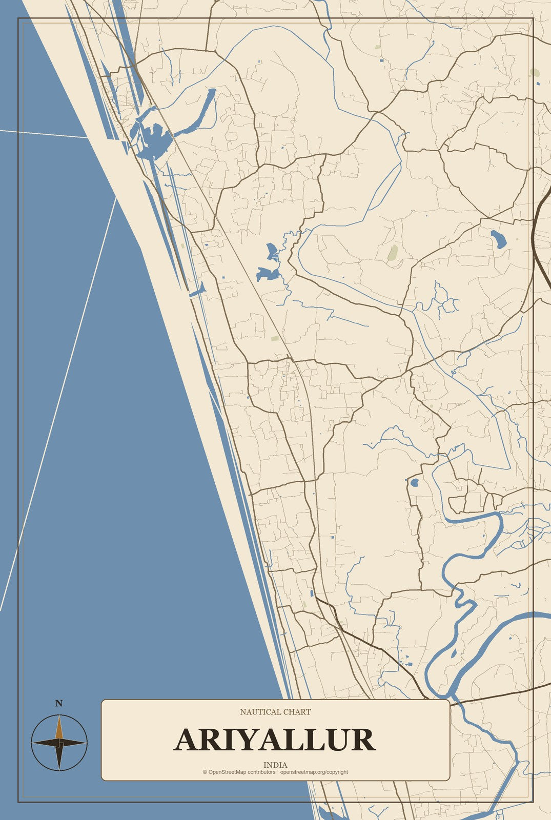 Ariyallur, India City Map Aluminum Sign in Heritage Nautical style