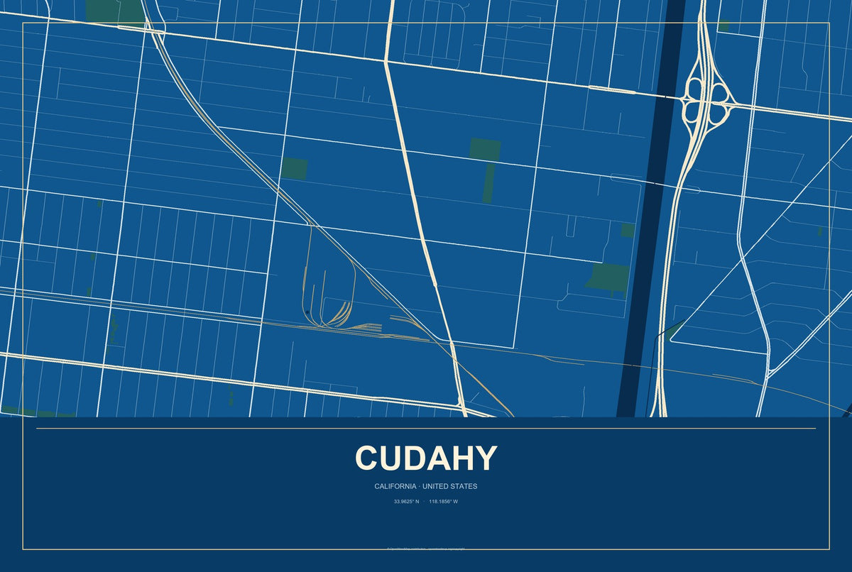 Cudahy, California City Map Aluminum Sign in Harbor Cobalt style