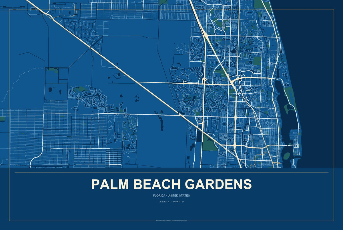 Palm Beach Gardens, Florida City Map Aluminum Sign in Harbor Cobalt style