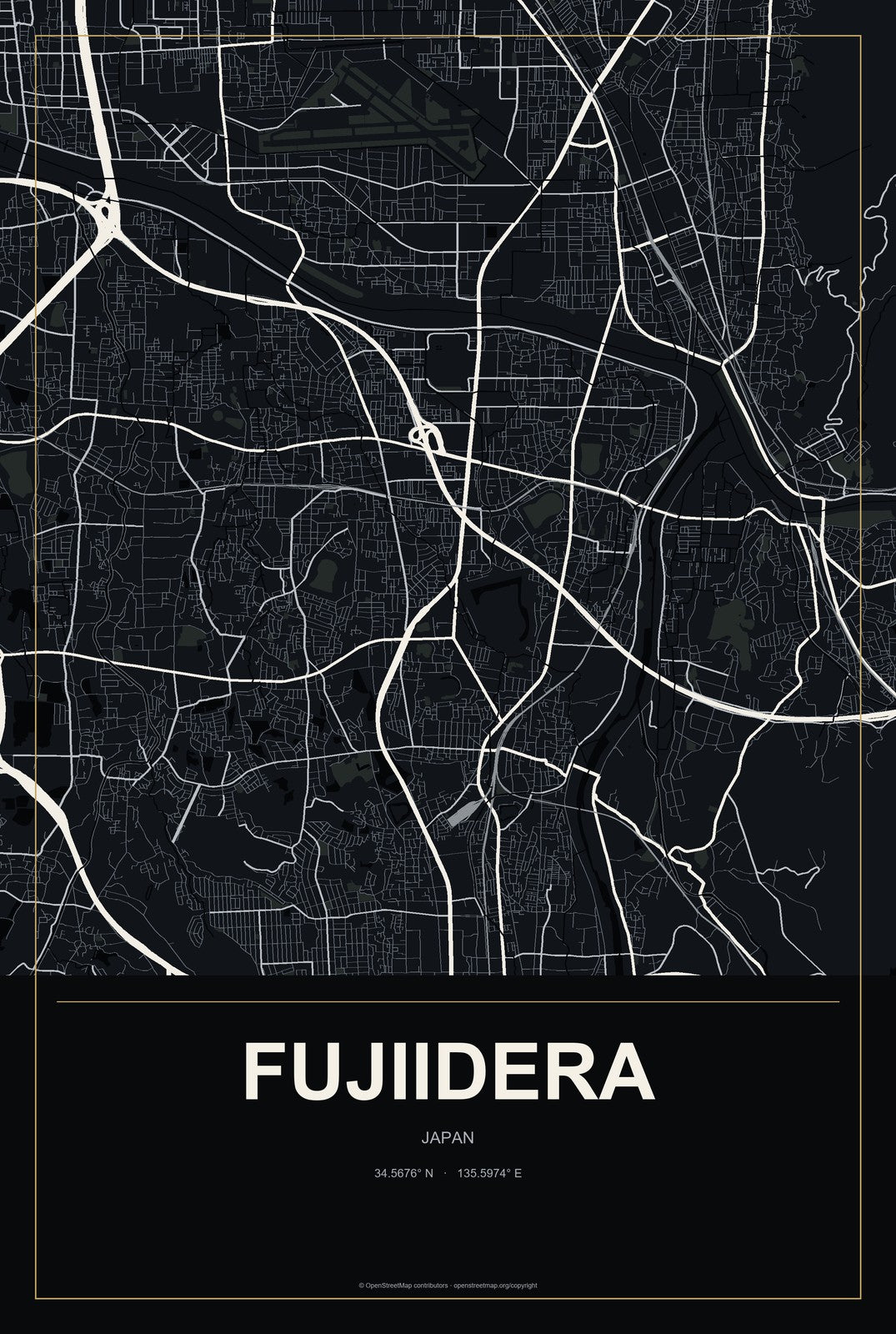 Fujiidera, Japan City Map Aluminum Sign in Metropolitan Noir style