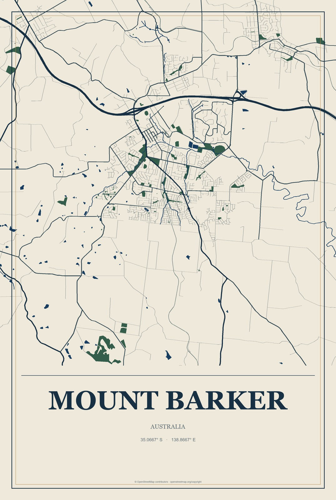Mount Barker, Australia City Map Aluminum Sign in Coastal Cutout style