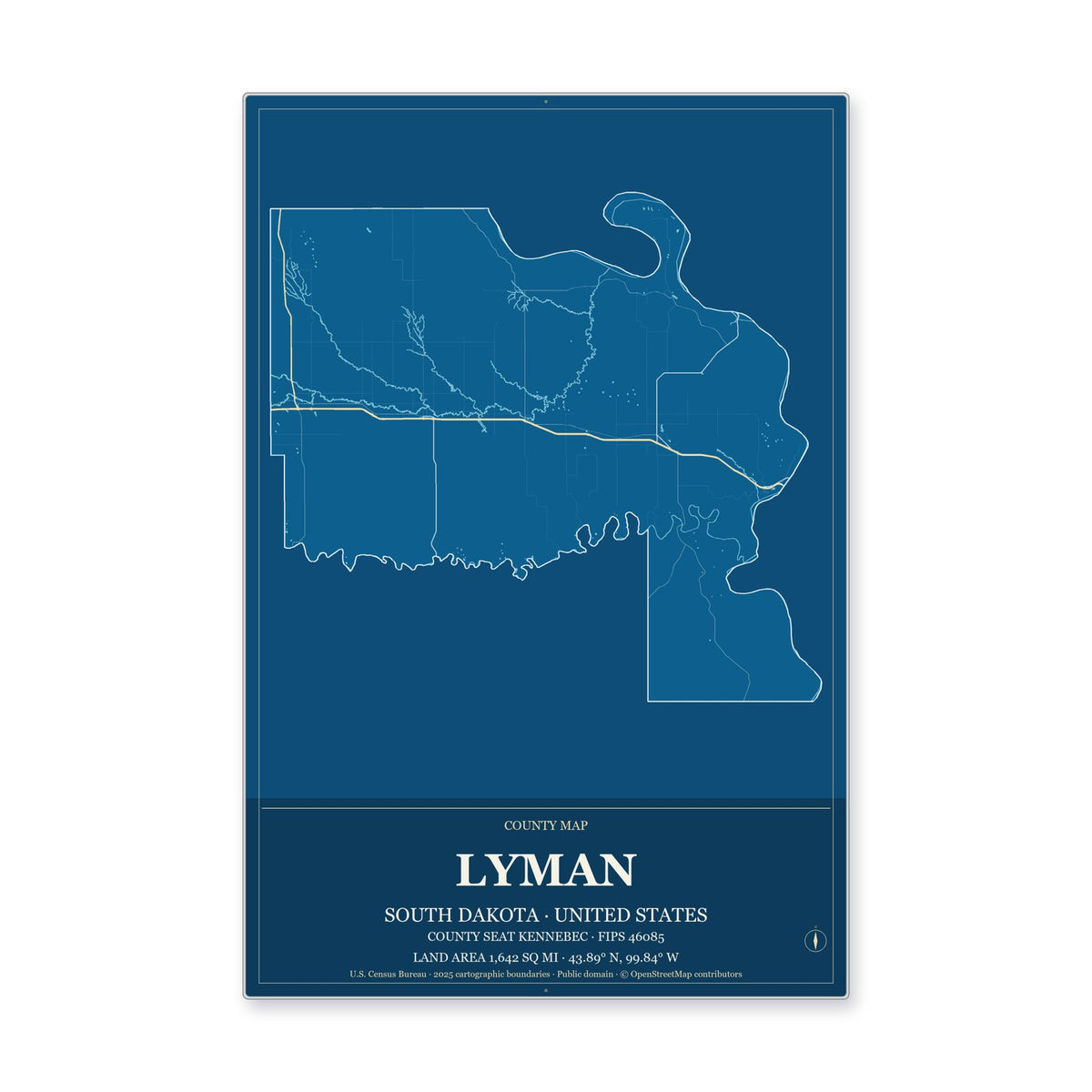 Lyman County, South Dakota Map Aluminum Sign in Harbor Cobalt style