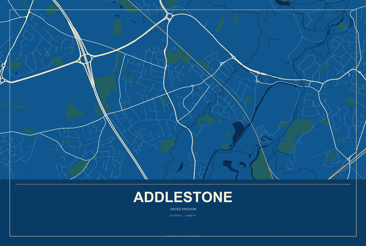 Addlestone, United Kingdom City Map Aluminum Sign in Harbor Cobalt style