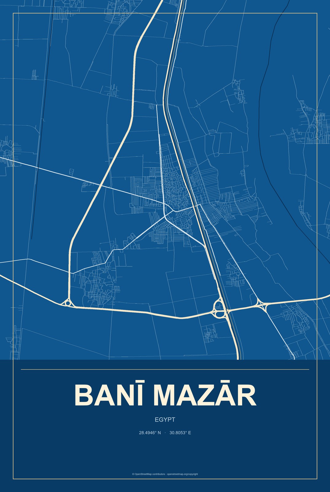 Banī Mazār, Egypt City Map Aluminum Sign in Harbor Cobalt style